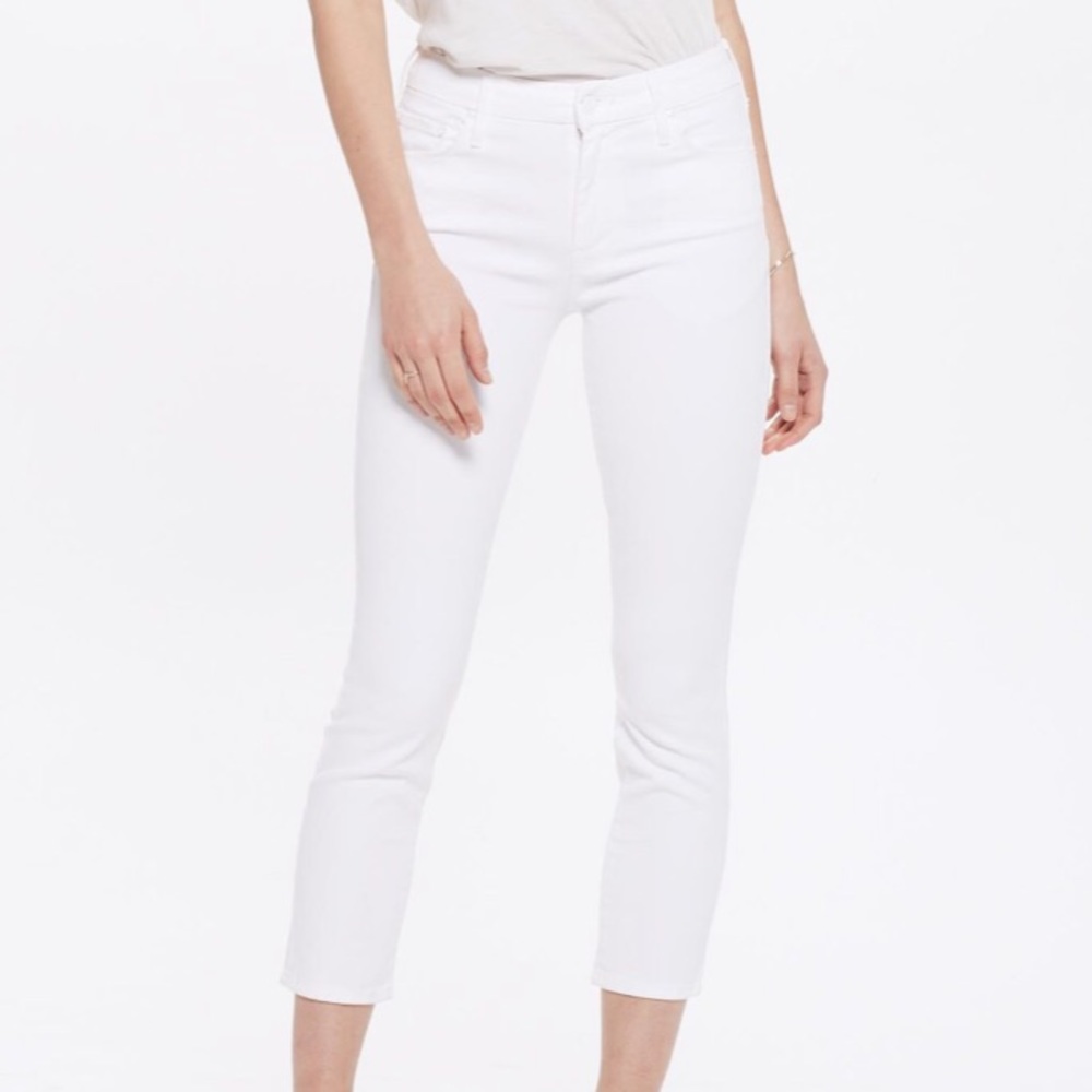 Mother White Crop Looker Glass Zipper Jeans